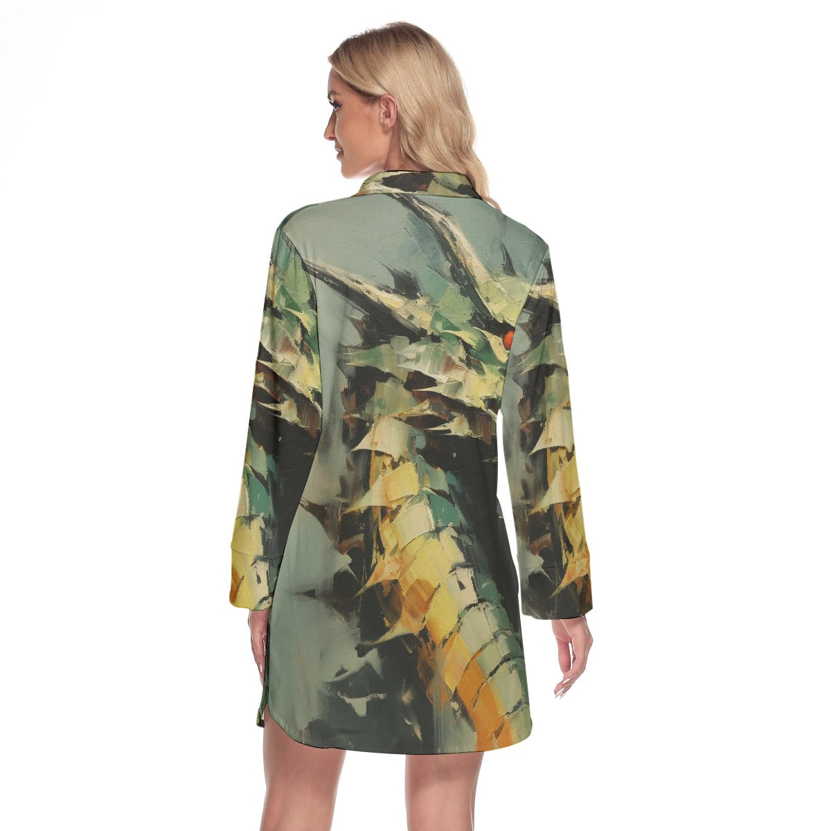 All-Over Print Women's Lapel Shirt Dress With Long Sleeve