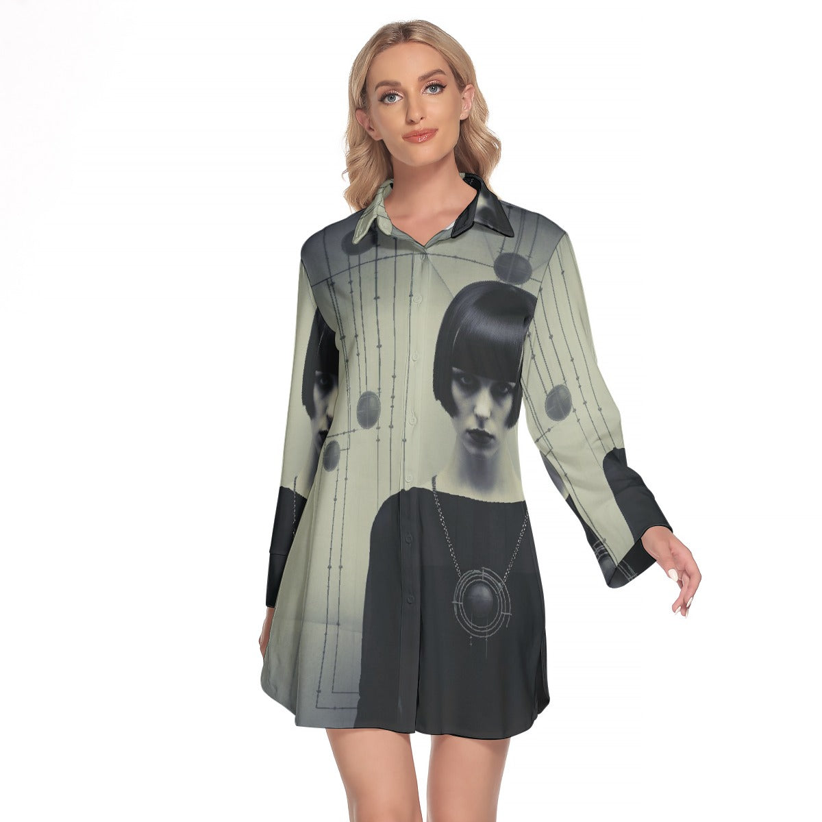 All-Over Print Women's Lapel Shirt Dress With Long Sleeve