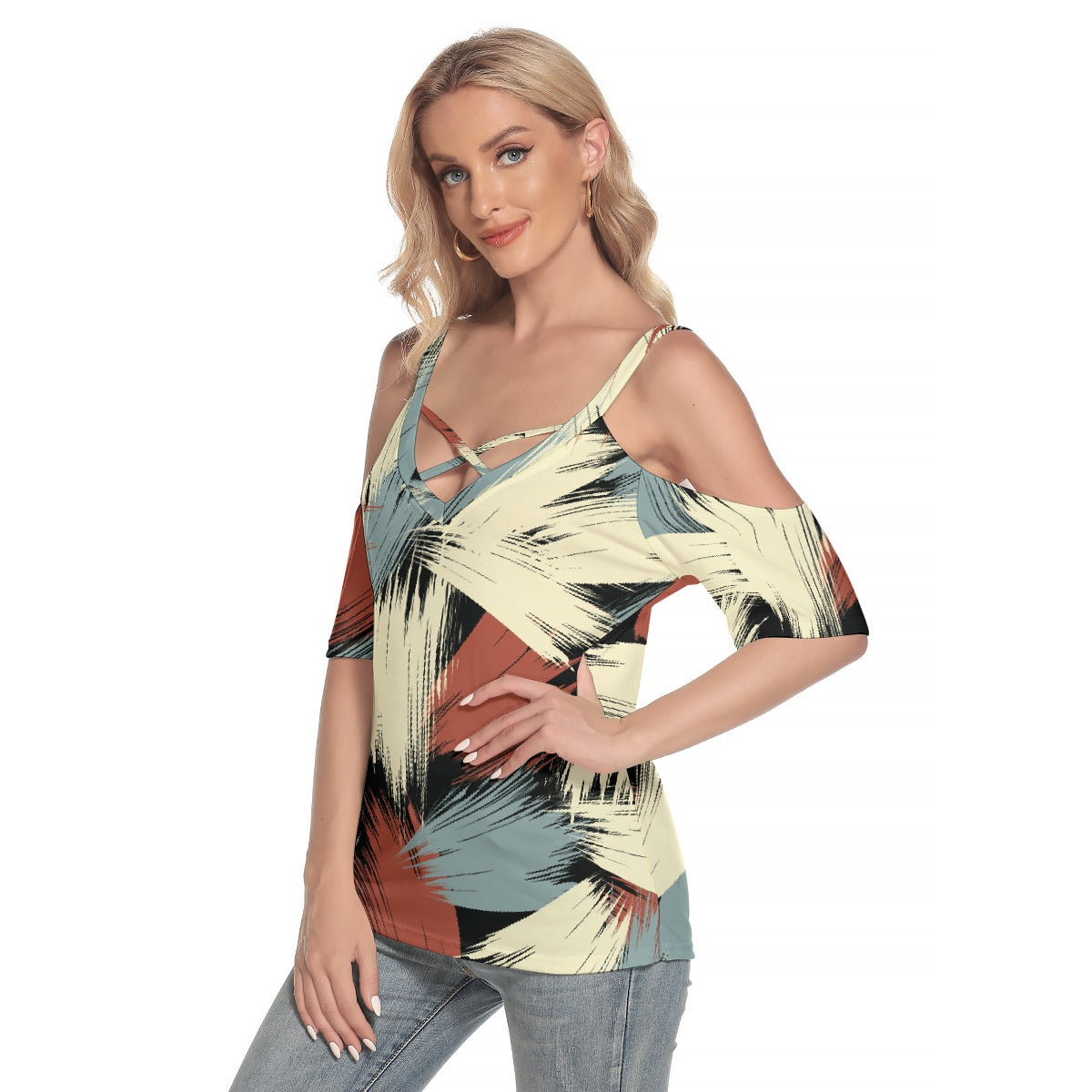 All-Over Print Women's Cold Shoulder T-shirt With Criss Cross Strips