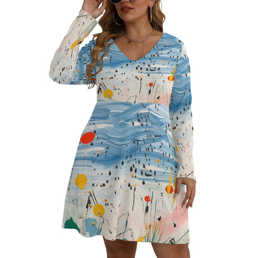 All-Over Print Women's V-neck Long Sleeve Dress(Plus Size)