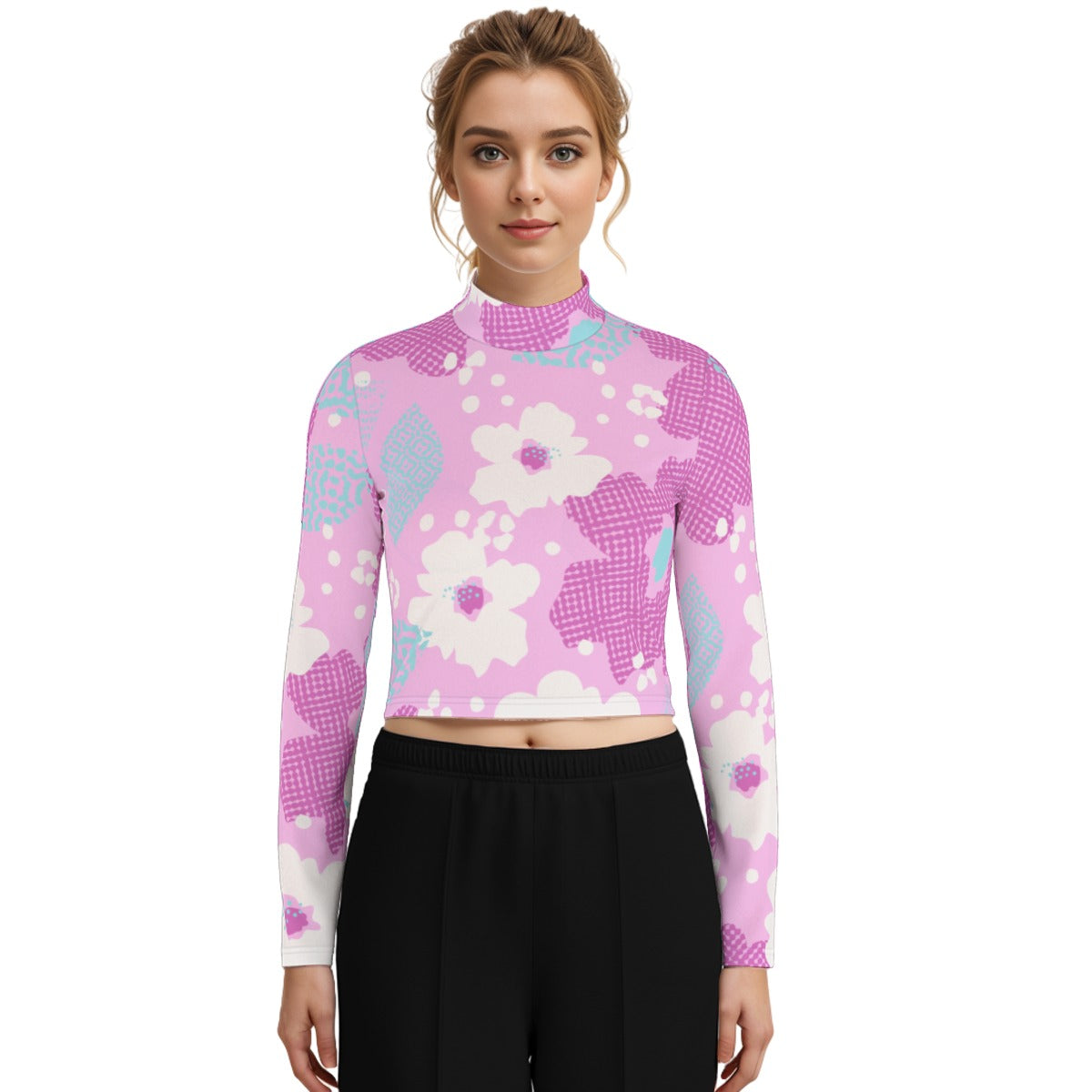 Eco-Friendly All-Over Print Women's Turtleneck T-shirt With Long Sleeve