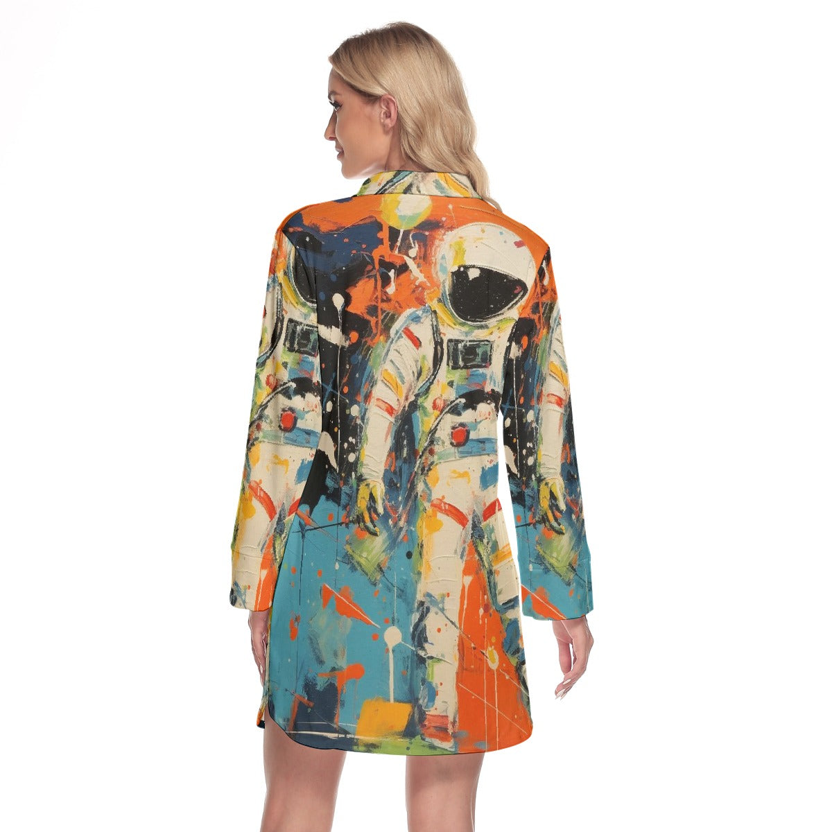 All-Over Print Women's Lapel Shirt Dress With Long Sleeve