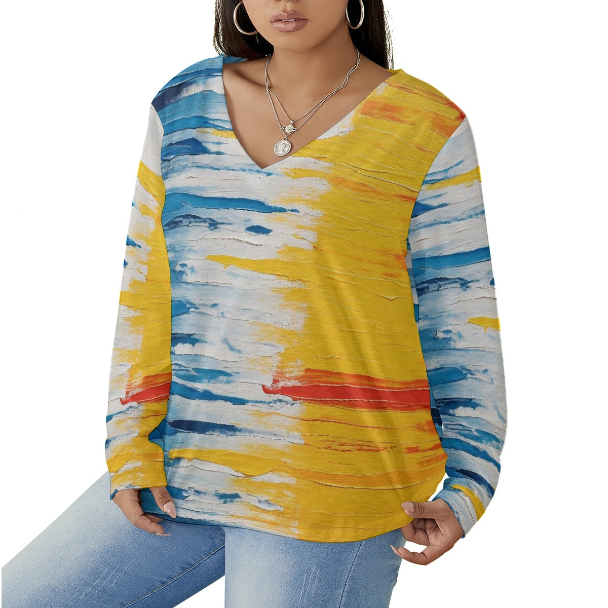 All-Over Print Women's V-neck T-shirt With Curved Hem(Plus Size)