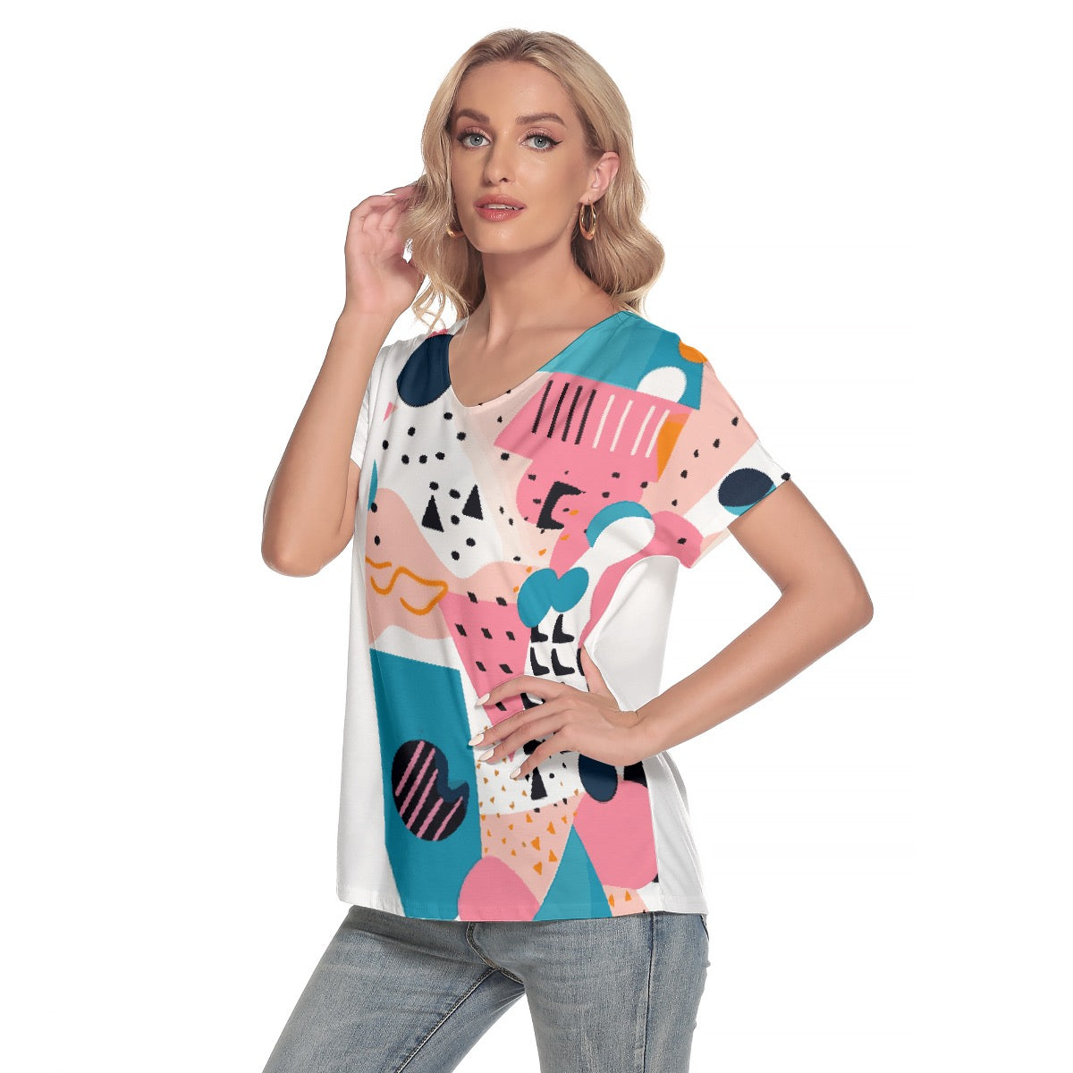 All-Over Print Women's Loose V-neck Short Sleeve T-shirt