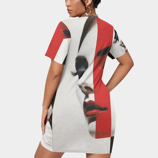 All-Over Print Women’s Stacked Hem Dress With Short Sleeve（Plus Size）