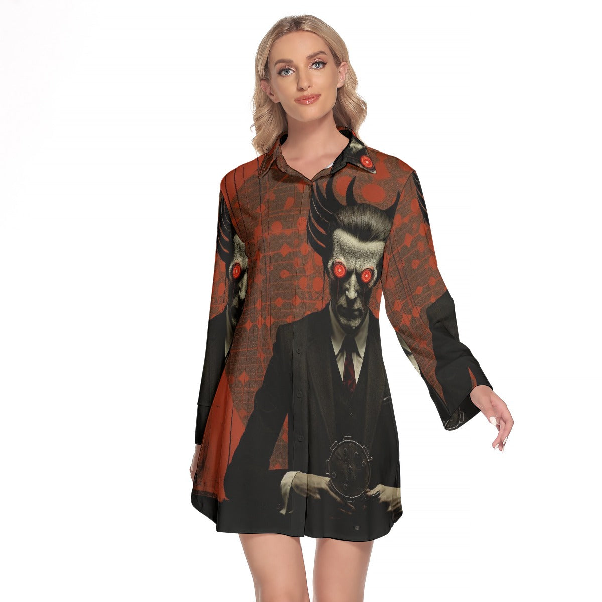 All-Over Print Women's Lapel Shirt Dress With Long Sleeve