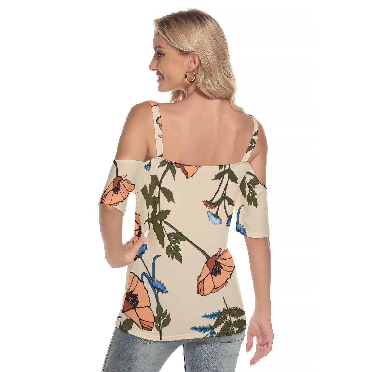 All-Over Print Women's Cold Shoulder T-shirt With Criss Cross Strips