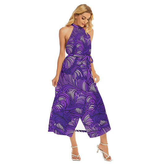 All-Over Print Women's Wrap Hem Belted Halter Dress