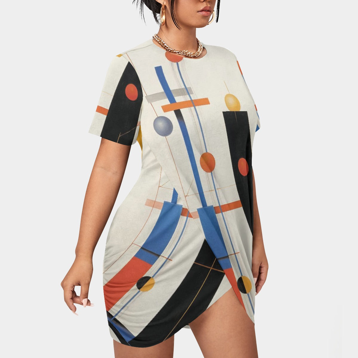 All-Over Print Women’s Stacked Hem Dress With Short Sleeve（Plus Size）