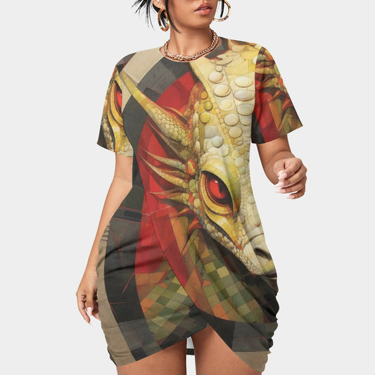 All-Over Print Women’s Stacked Hem Dress With Short Sleeve（Plus Size）