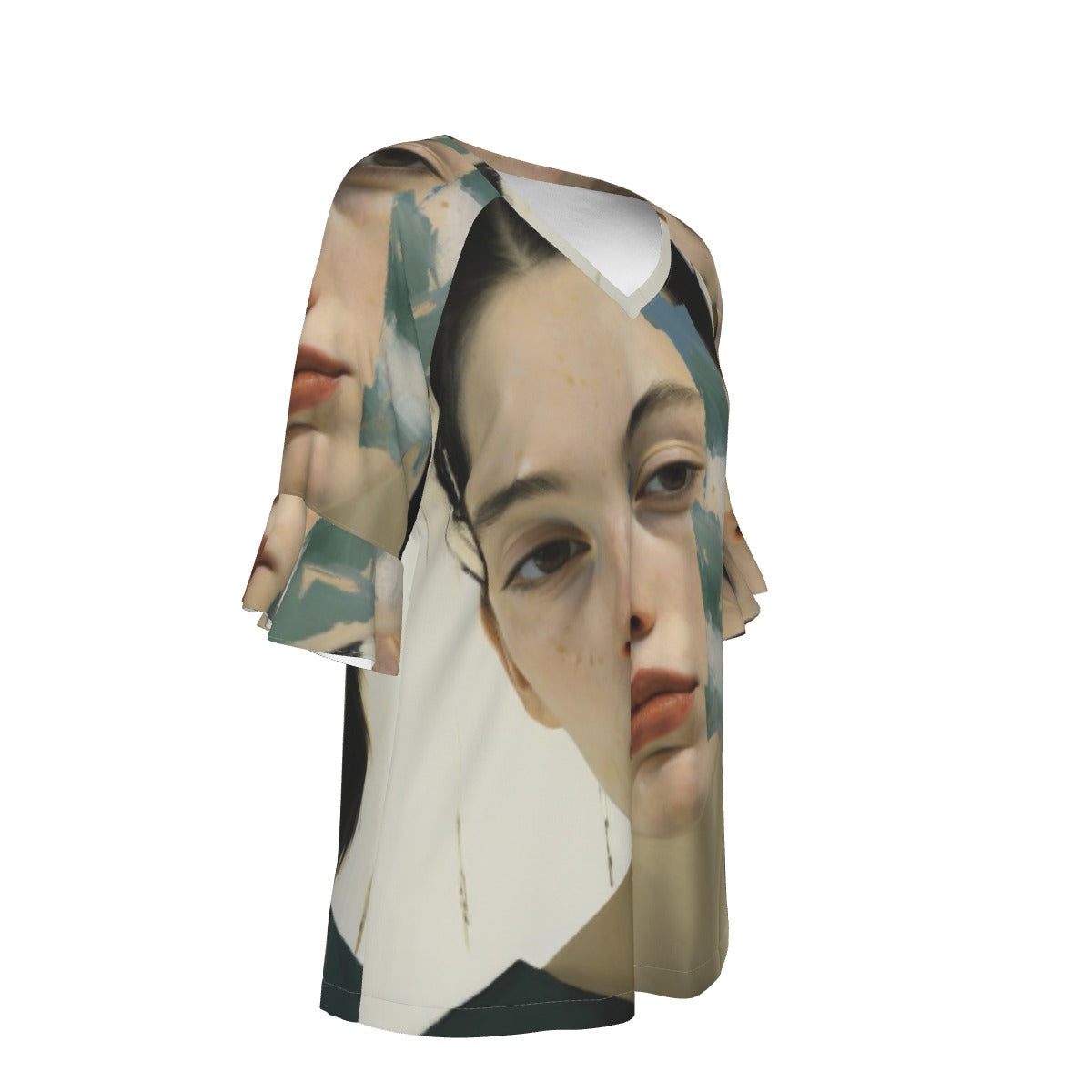 All-Over Print V-neck Women's T-shirt With Bell Sleeve