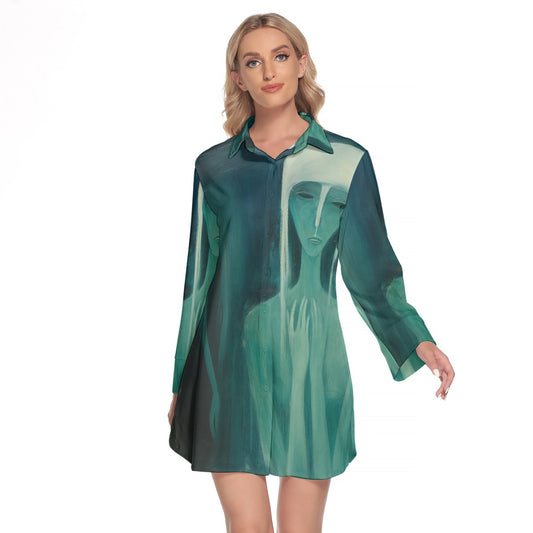 All-Over Print Women's Lapel Shirt Dress With Long Sleeve