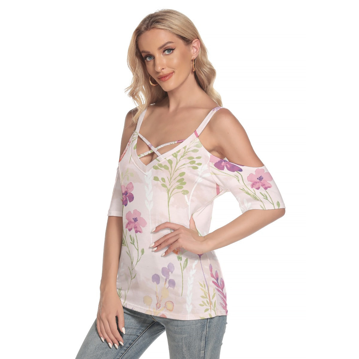 All-Over Print Women's Cold Shoulder T-shirt With Criss Cross Strips