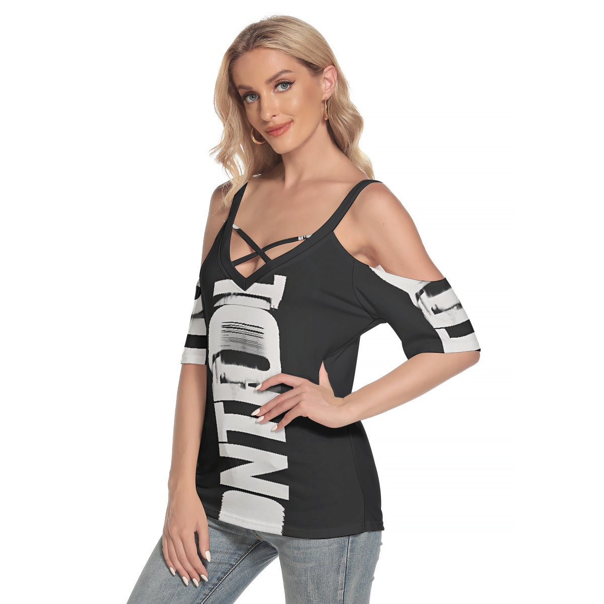 All-Over Print Women's Cold Shoulder T-shirt With Criss Cross Strips