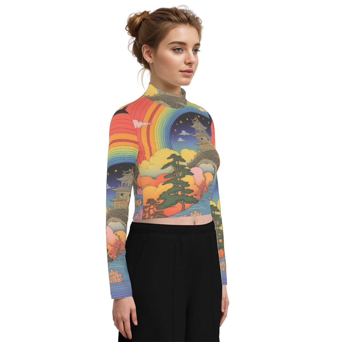 Eco-Friendly All-Over Print Women's Turtleneck T-shirt With Long Sleeve