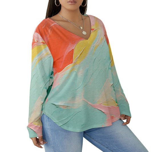 All-Over Print Women's V-neck T-shirt With Curved Hem(Plus Size)