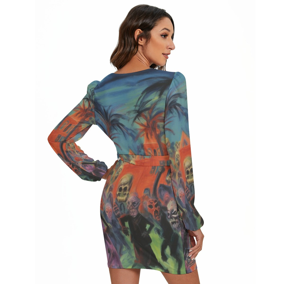 All-Over Print Women's Long Sleeve Dress With Waist Belt