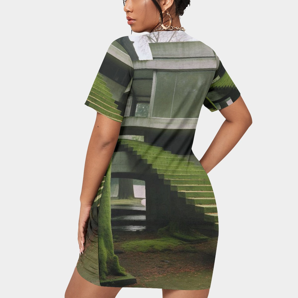 All-Over Print Women’s Stacked Hem Dress With Short Sleeve（Plus Size）