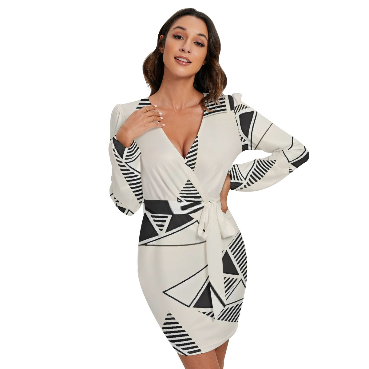 All-Over Print Women's Long Sleeve Dress With Waist Belt