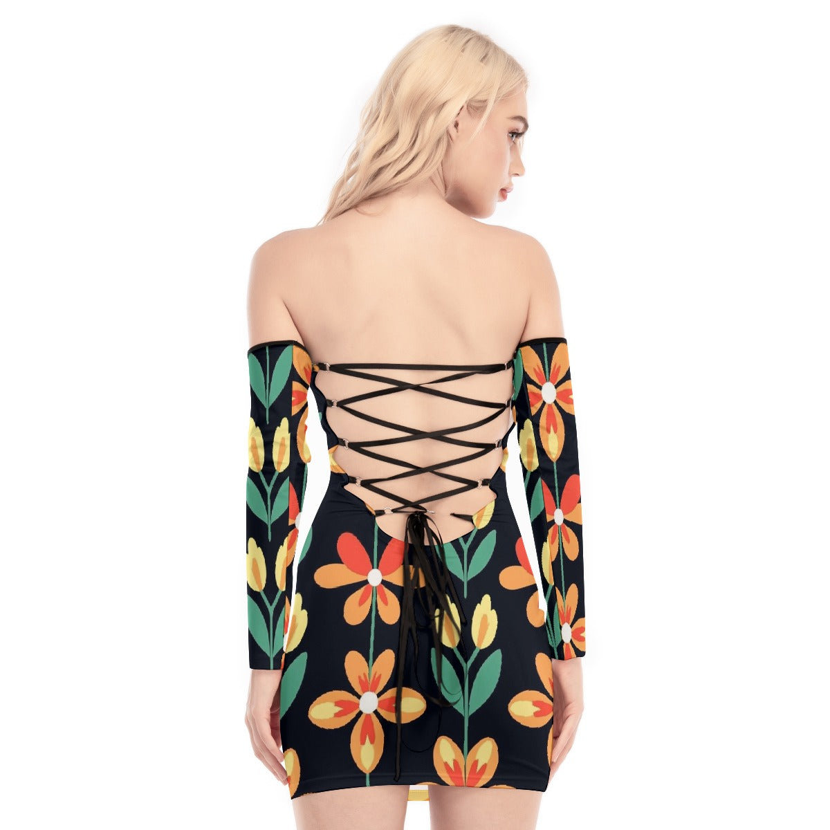 All-Over Print Women's Off-shoulder Back Lace-up Dress