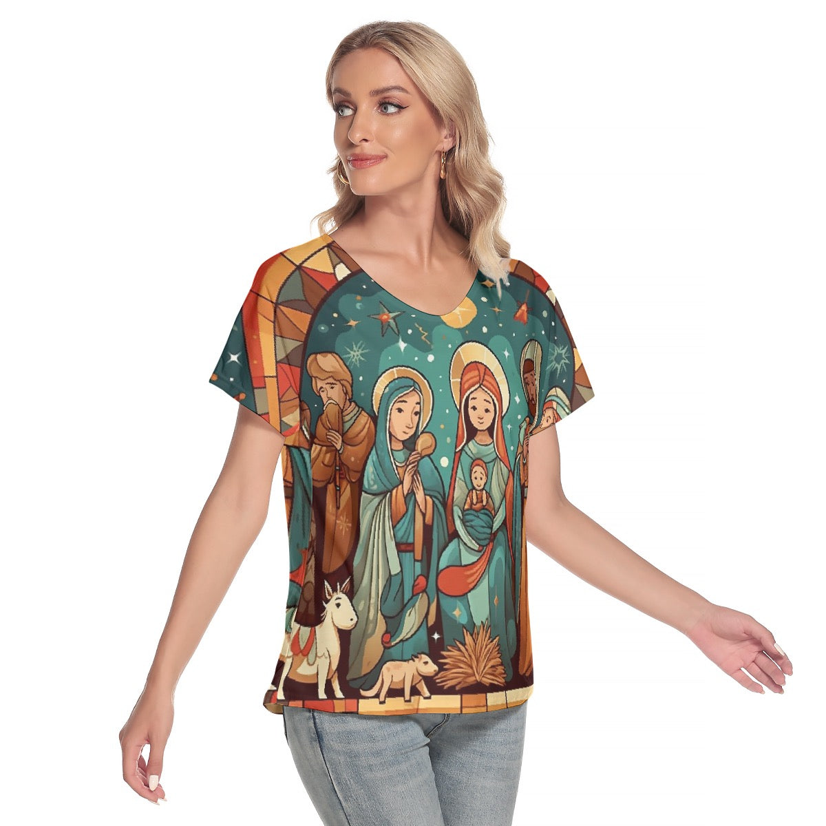 All-Over Print Women's Loose V-neck Short Sleeve T-shirt