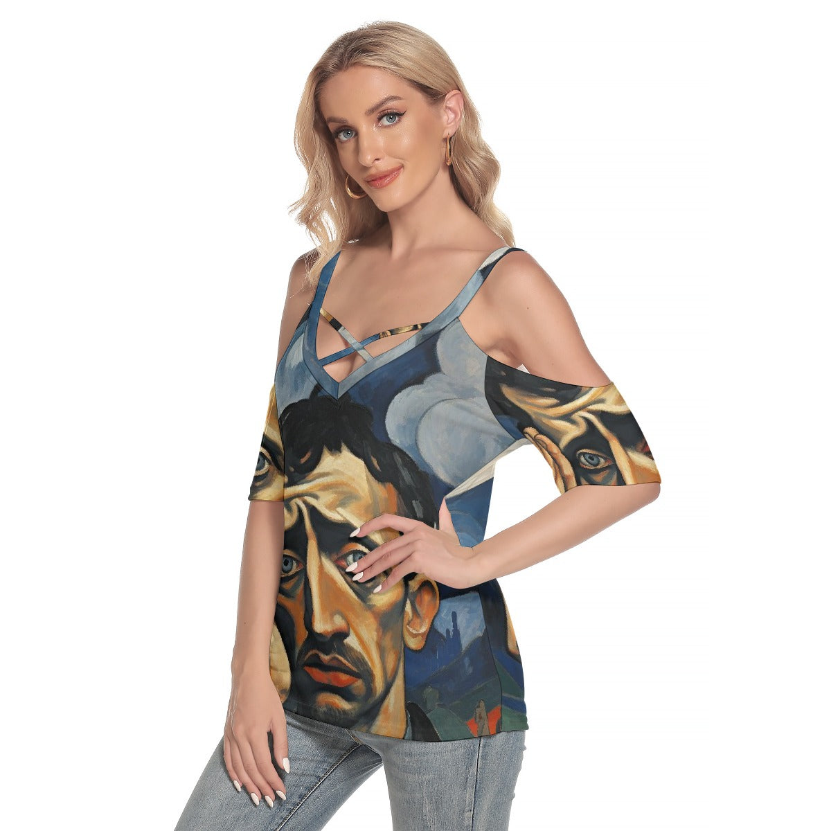 All-Over Print Women's Cold Shoulder T-shirt With Criss Cross Strips