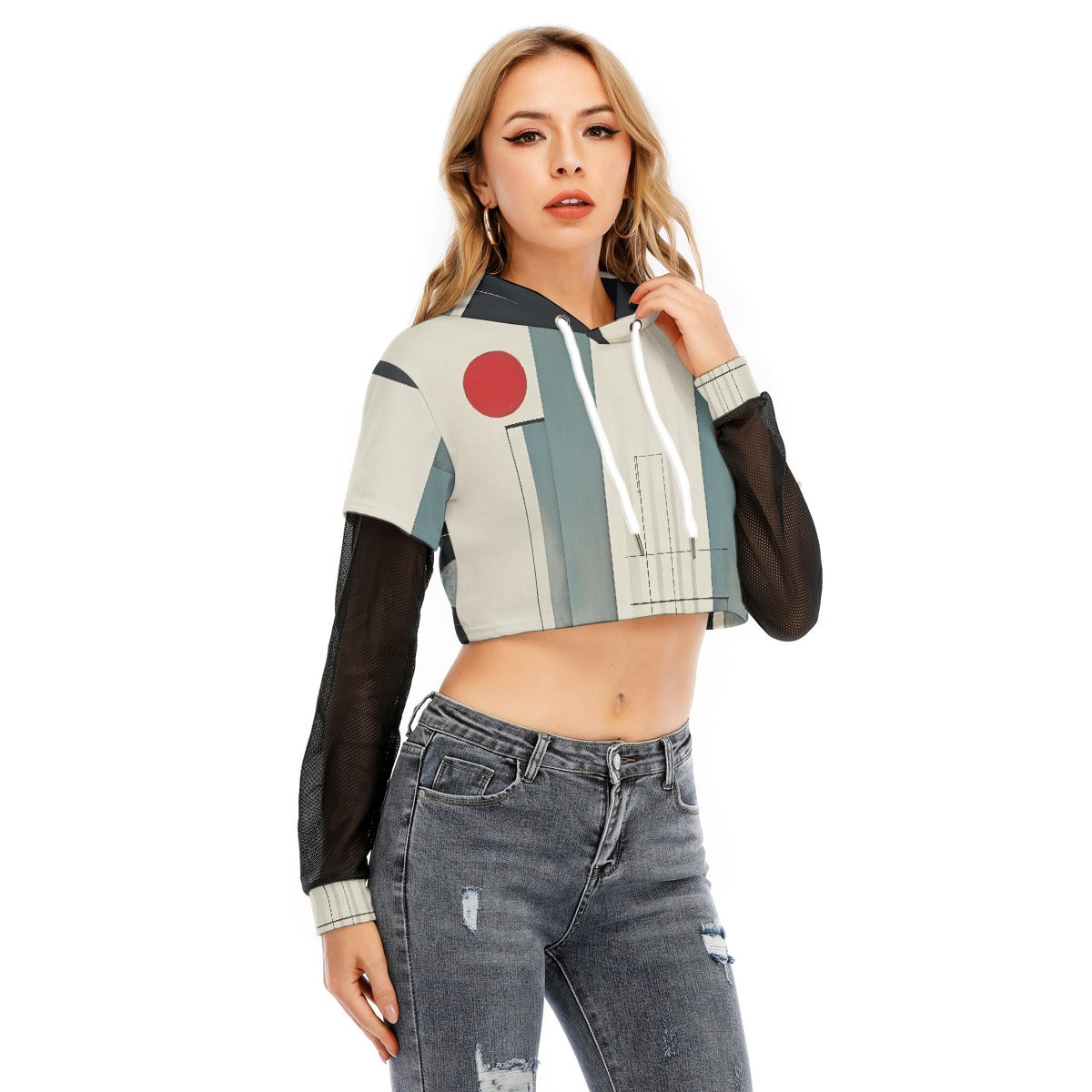 All-Over Print Women's Fake Two-piece Mesh Sleeve Cropped Hoodie