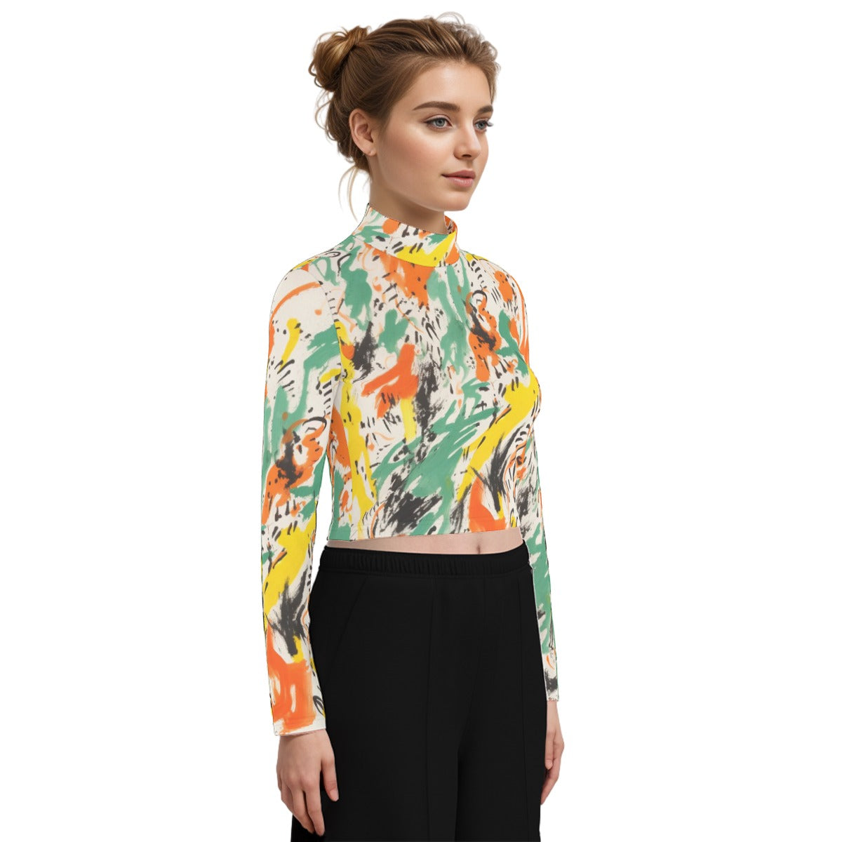 Eco-Friendly All-Over Print Women's Turtleneck T-shirt With Long Sleeve