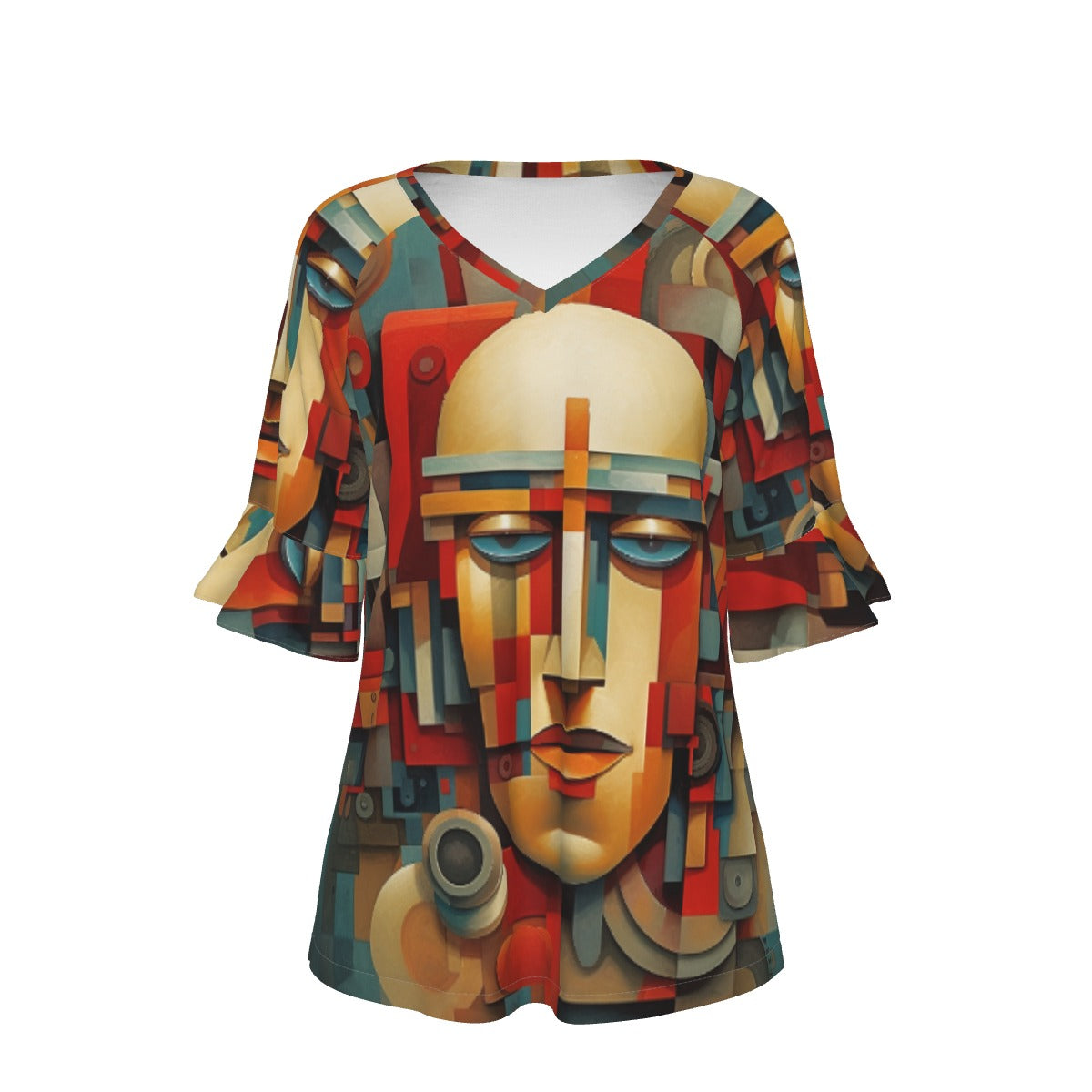 All-Over Print V-neck Women's T-shirt With Bell Sleeve