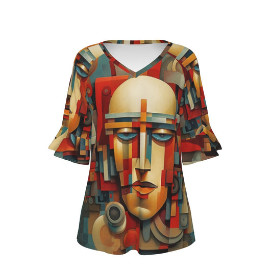 All-Over Print V-neck Women's T-shirt With Bell Sleeve