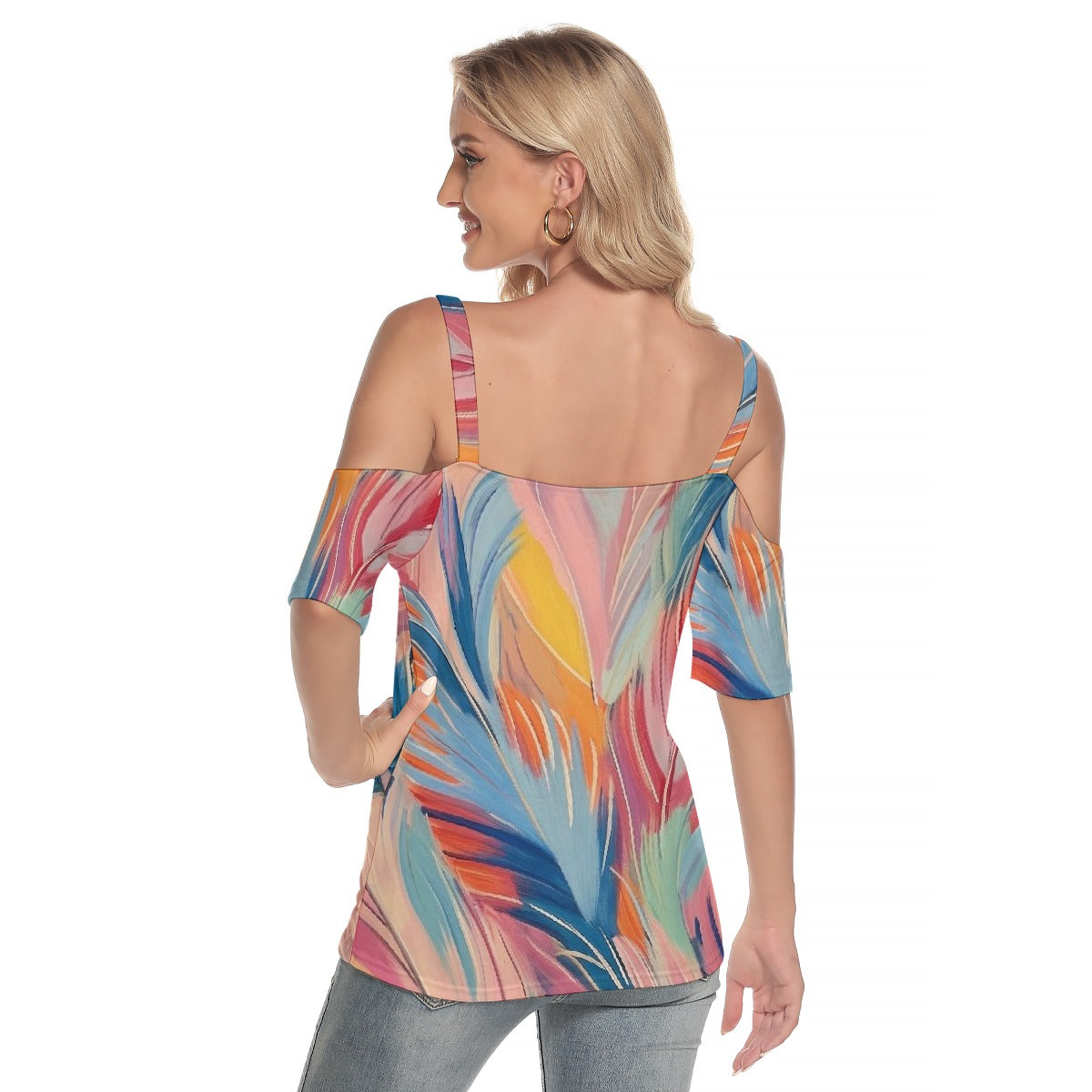 All-Over Print Women's Cold Shoulder T-shirt With Criss Cross Strips