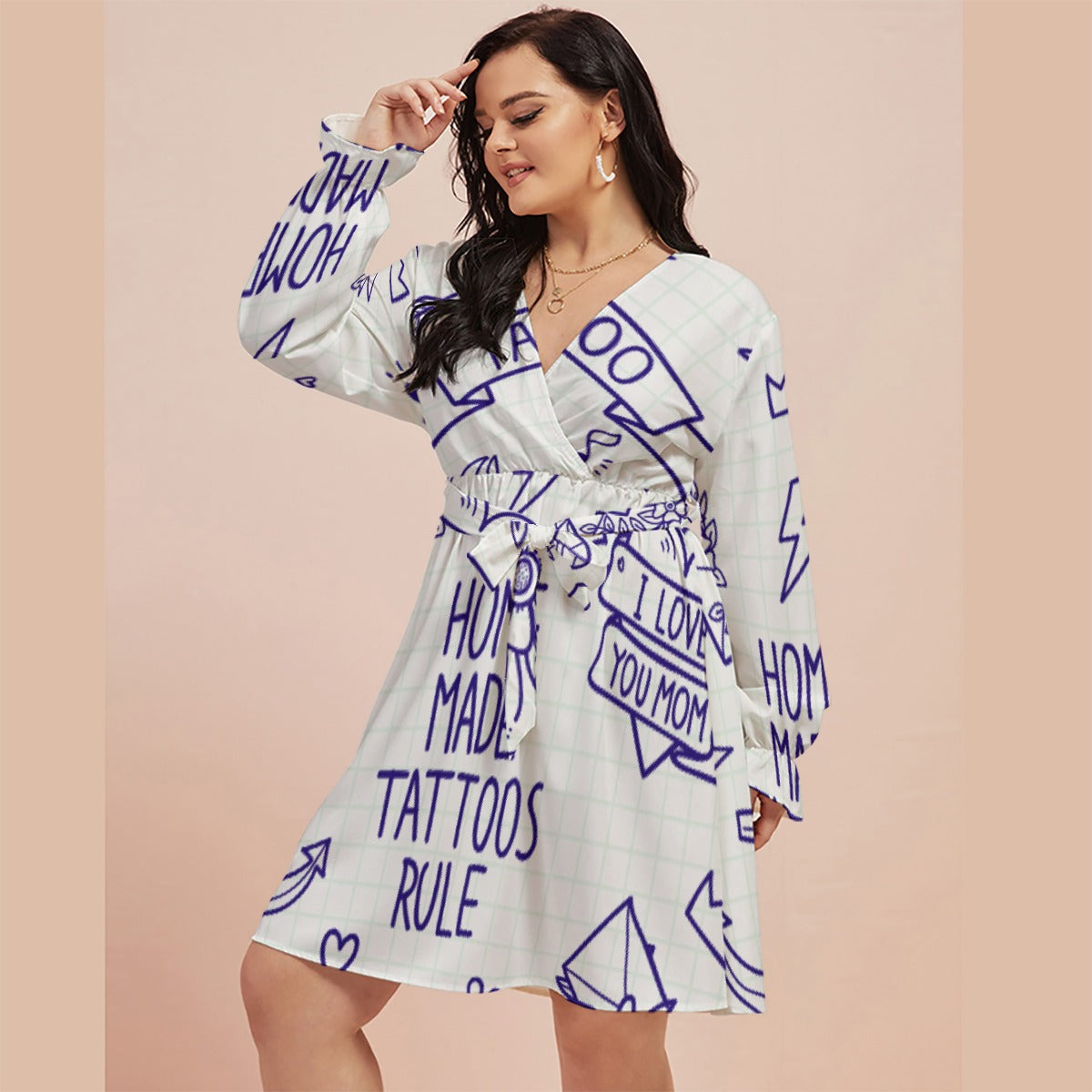 All-Over Print Women's V-neck Dress With Waistband(Plus Size)