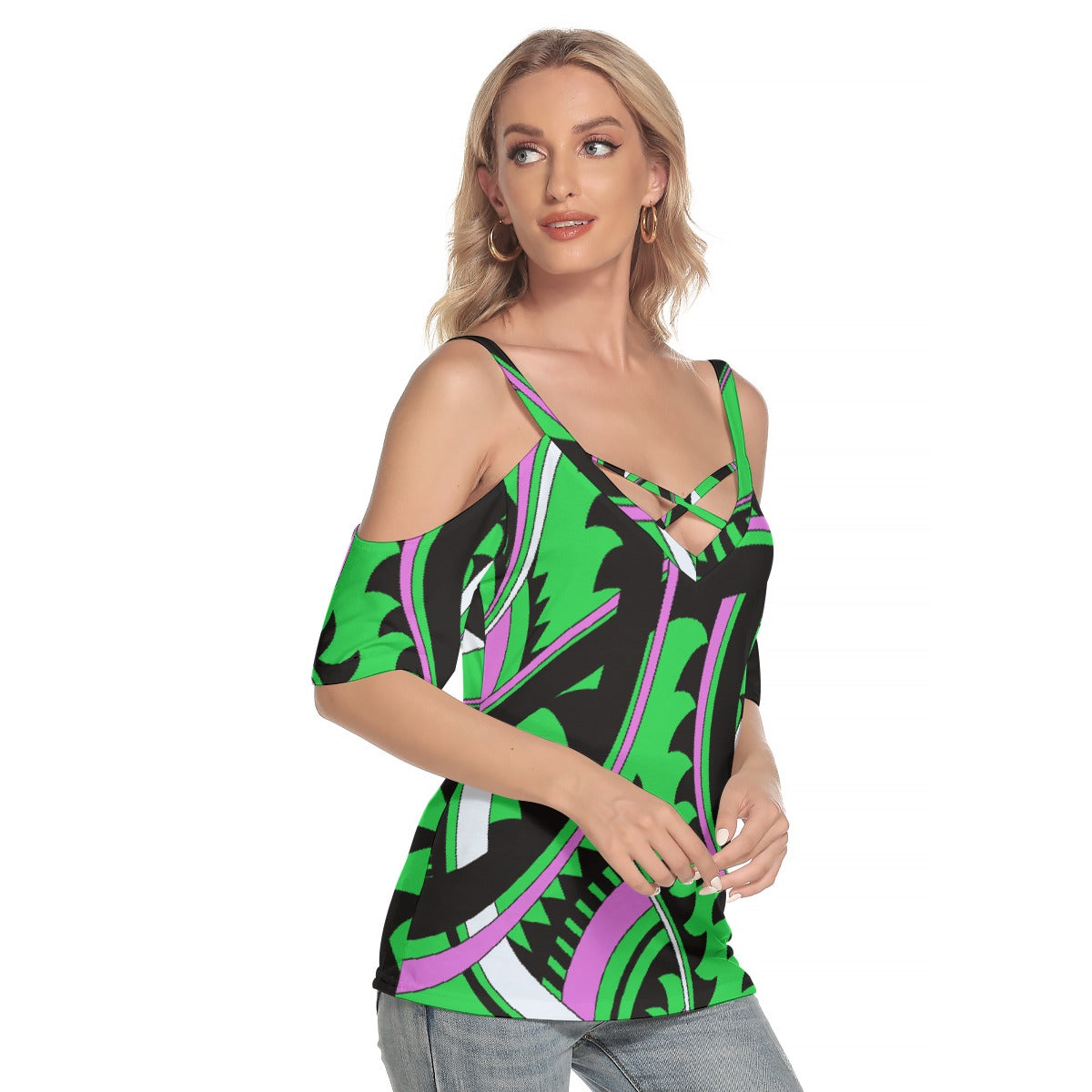 All-Over Print Women's Cold Shoulder T-shirt With Criss Cross Strips