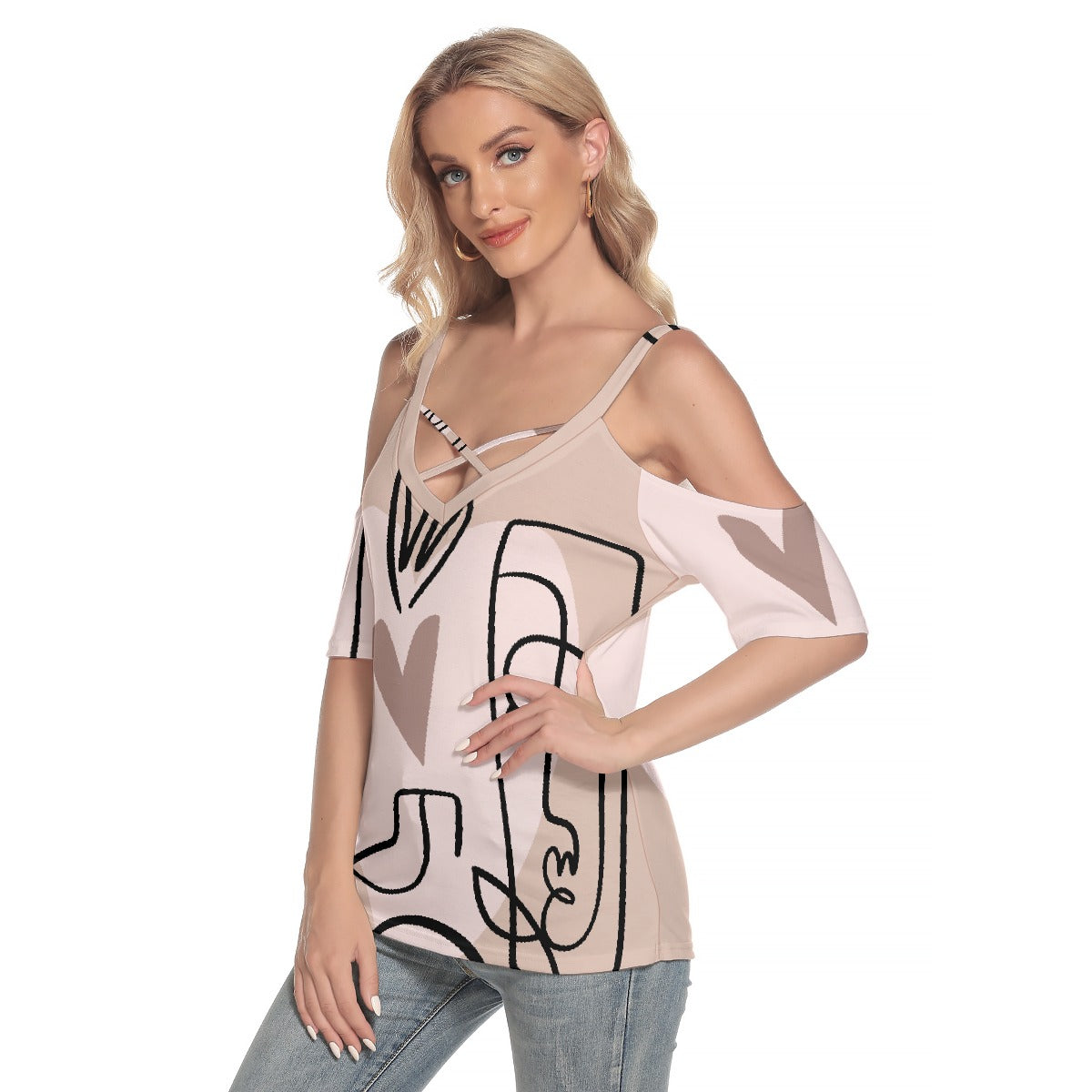 All-Over Print Women's Cold Shoulder T-shirt With Criss Cross Strips