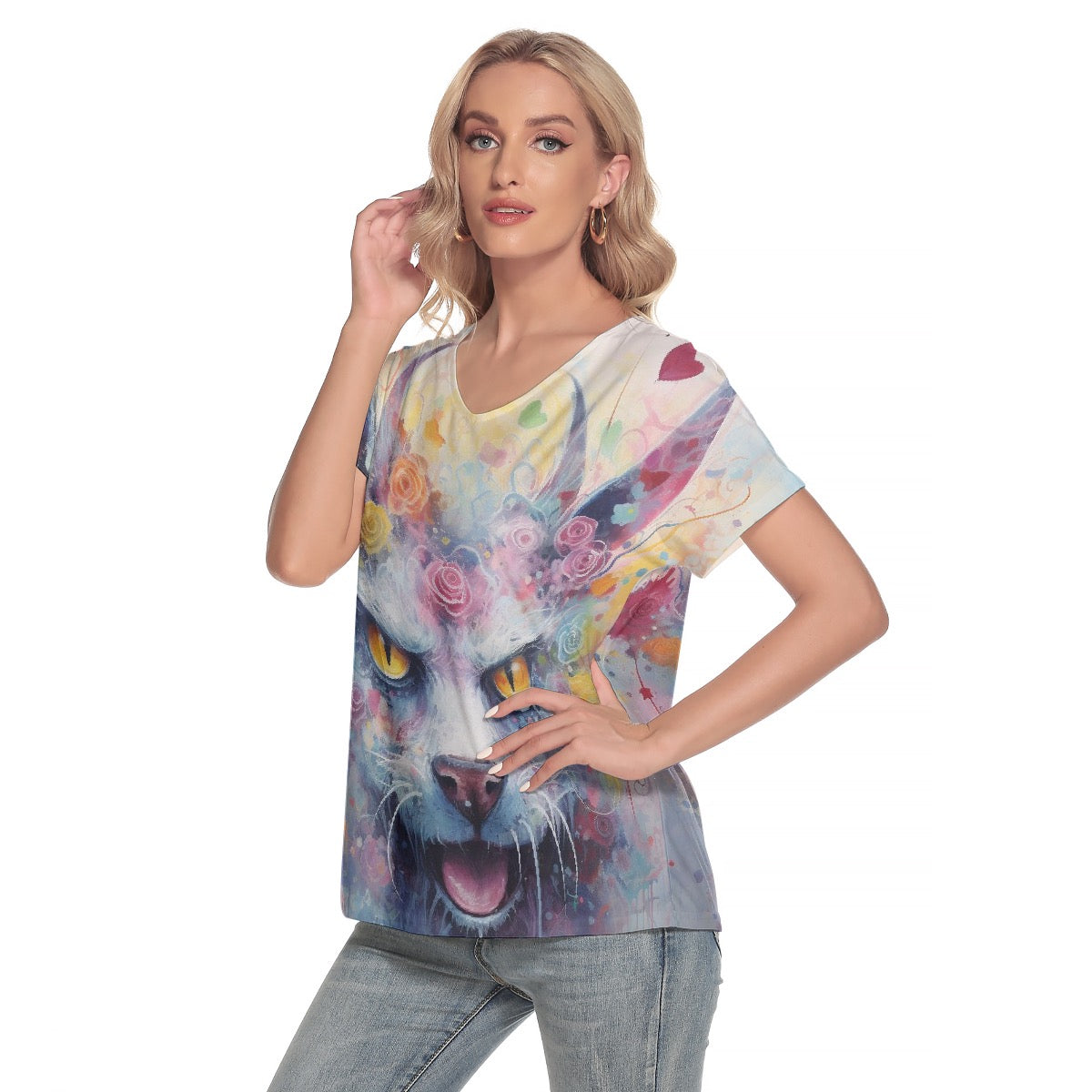 All-Over Print Women's Loose V-neck Short Sleeve T-shirt