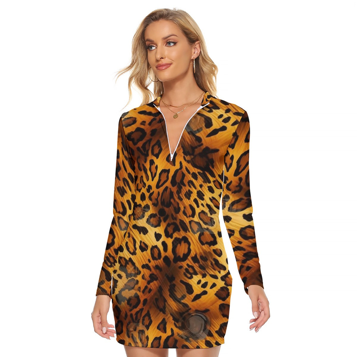 All-Over Print Women's Zip Front Tight Dress