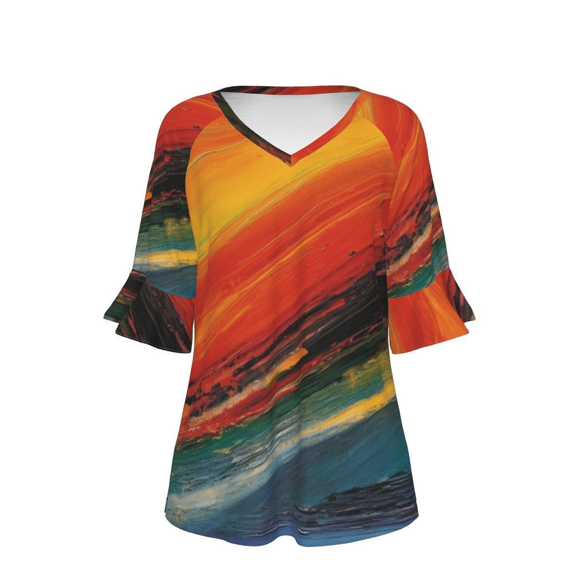 All-Over Print V-neck Women's T-shirt With Bell Sleeve