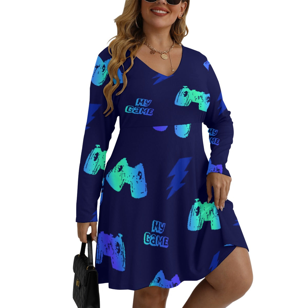 All-Over Print Women's V-neck Long Sleeve Dress(Plus Size)