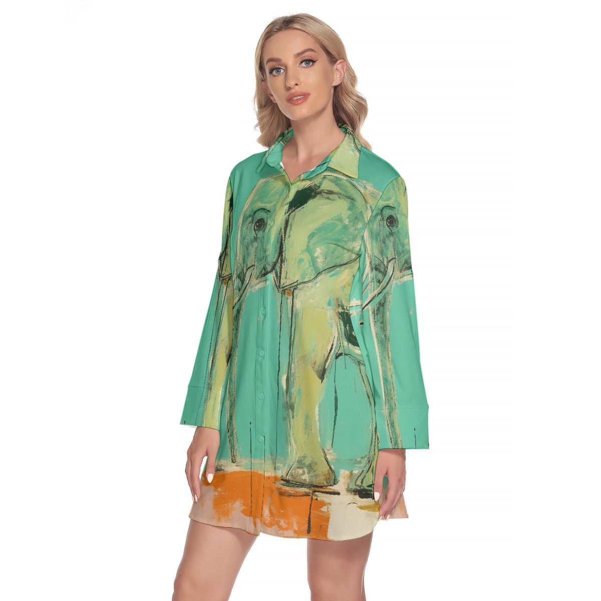 All-Over Print Women's Lapel Shirt Dress With Long Sleeve