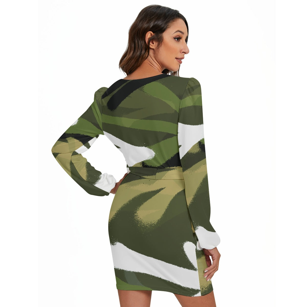 All-Over Print Women's Long Sleeve Dress With Waist Belt