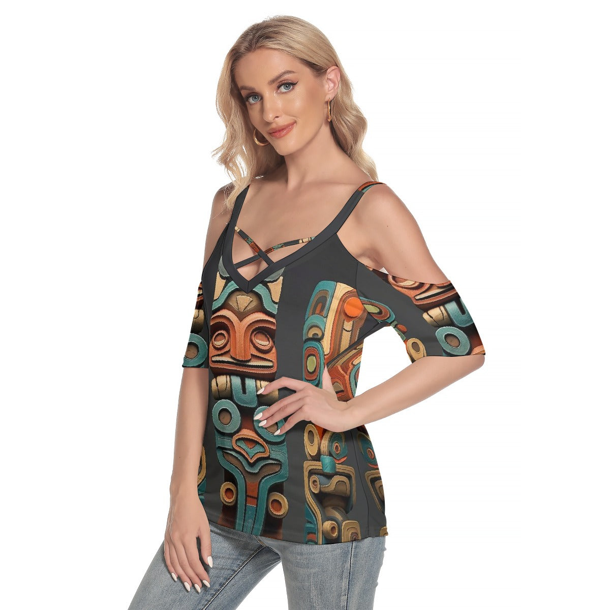 All-Over Print Women's Cold Shoulder T-shirt With Criss Cross Strips