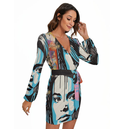 All-Over Print Women's Long Sleeve Dress With Waist Belt