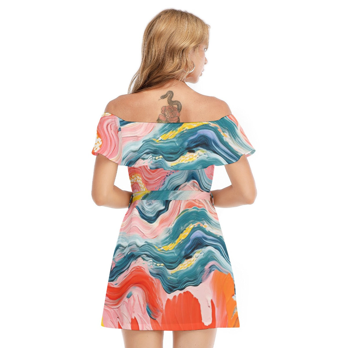 All-Over Print Women's Off-shoulder Dress With Ruffle