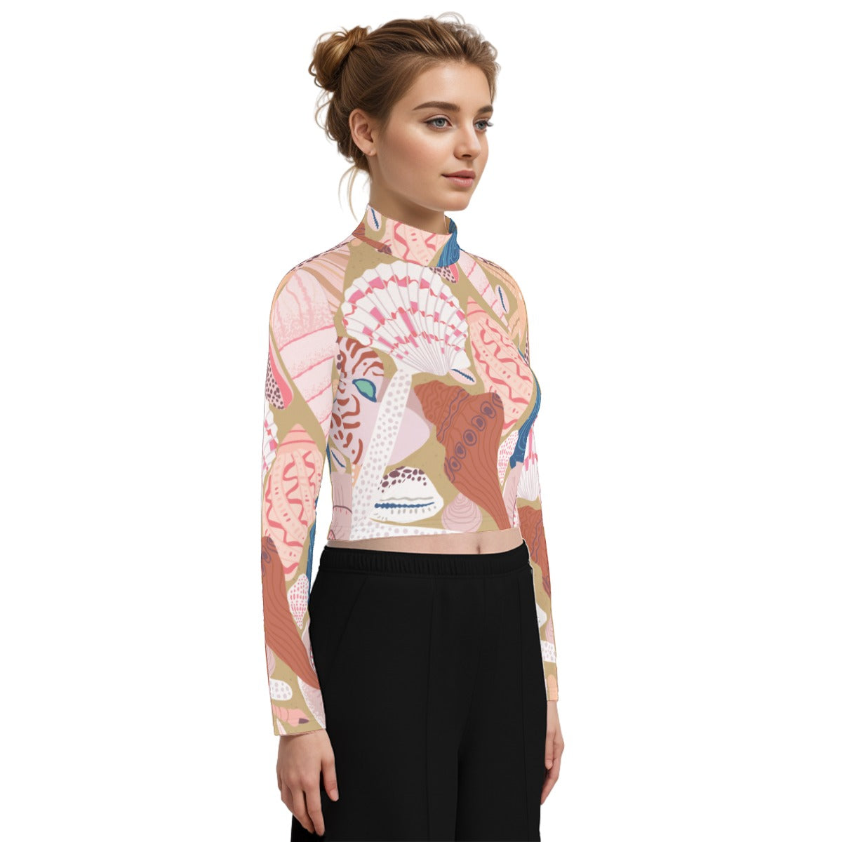 Eco-Friendly All-Over Print Women's Turtleneck T-shirt With Long Sleeve