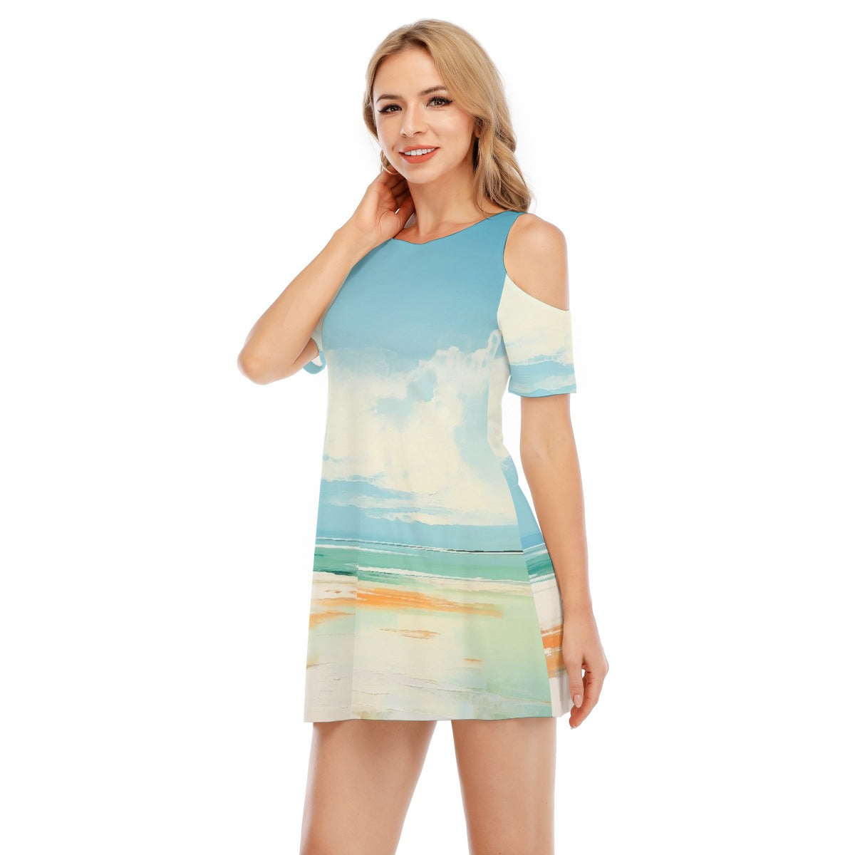 All-Over Print Women's Cold Shoulder Dress | 190GSM Cotton