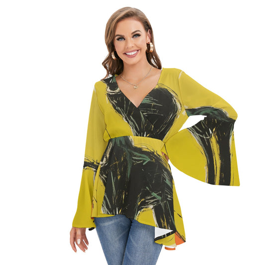 All-Over Print Women's V-neck Blouse With Flared Sleeves