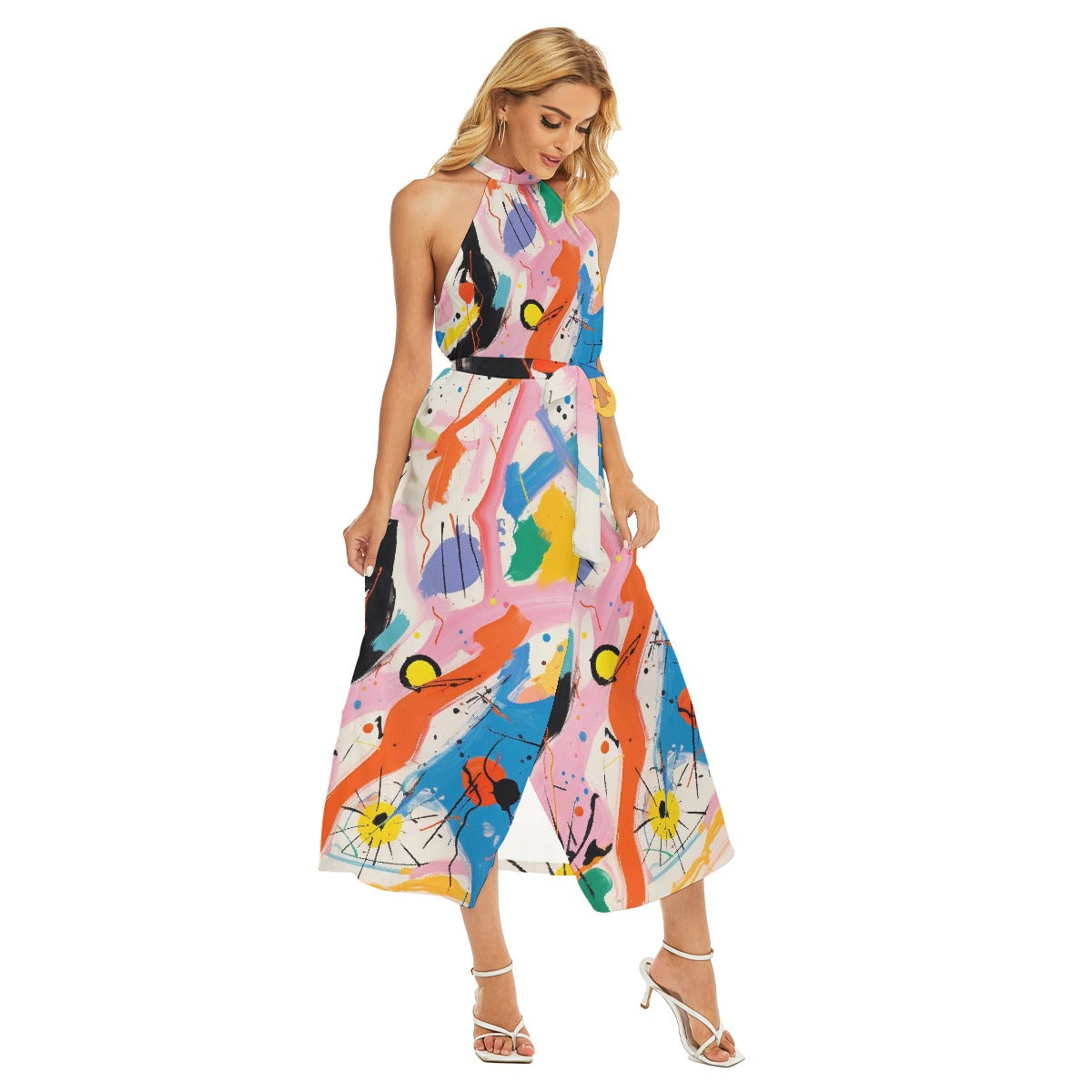 All-Over Print Women's Wrap Hem Belted Halter Dress