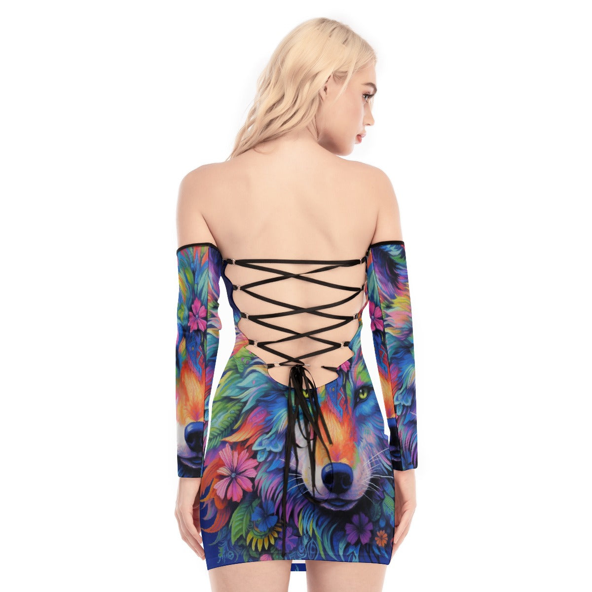 All-Over Print Women's Off-shoulder Back Lace-up Dress