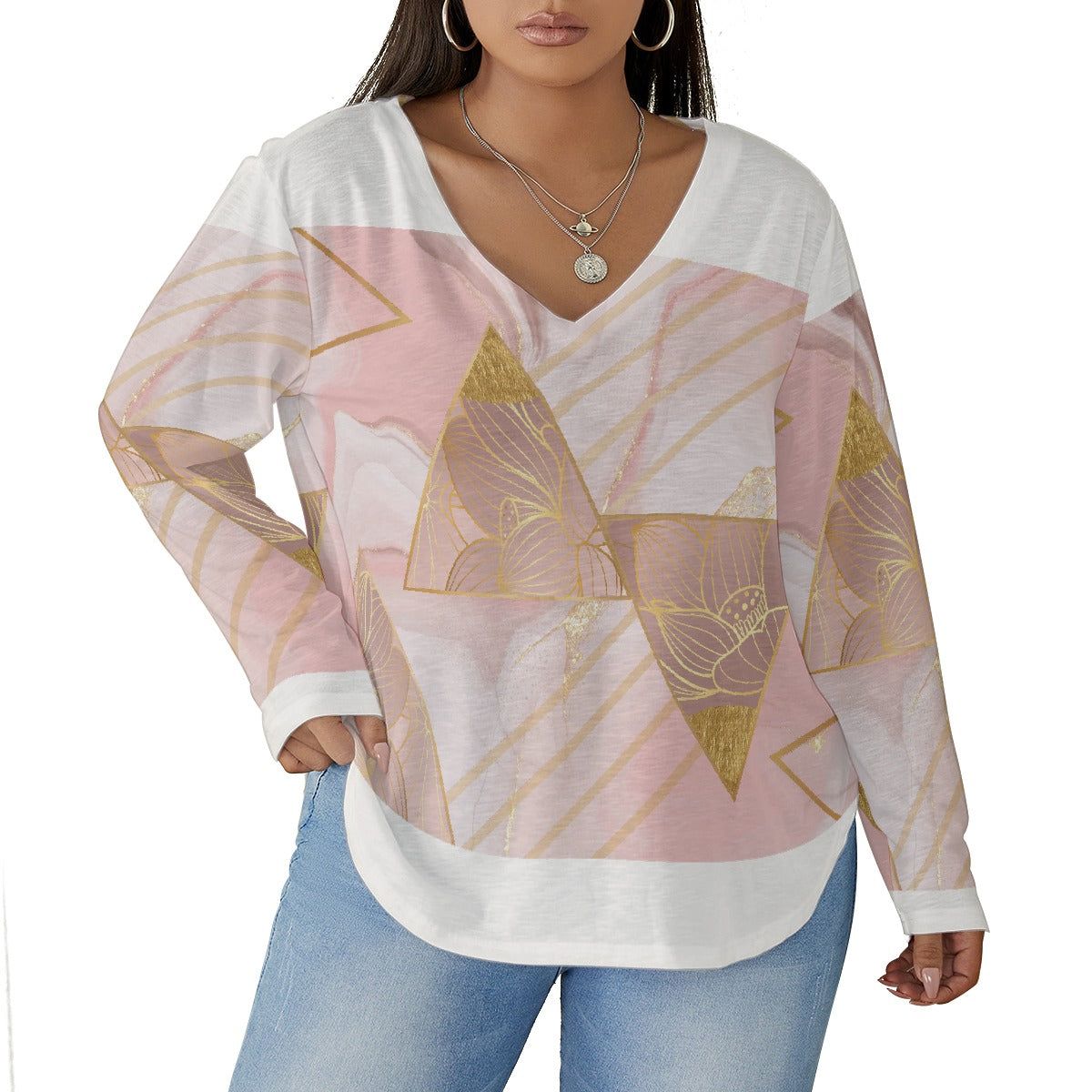 All-Over Print Women's V-neck T-shirt With Curved Hem(Plus Size)