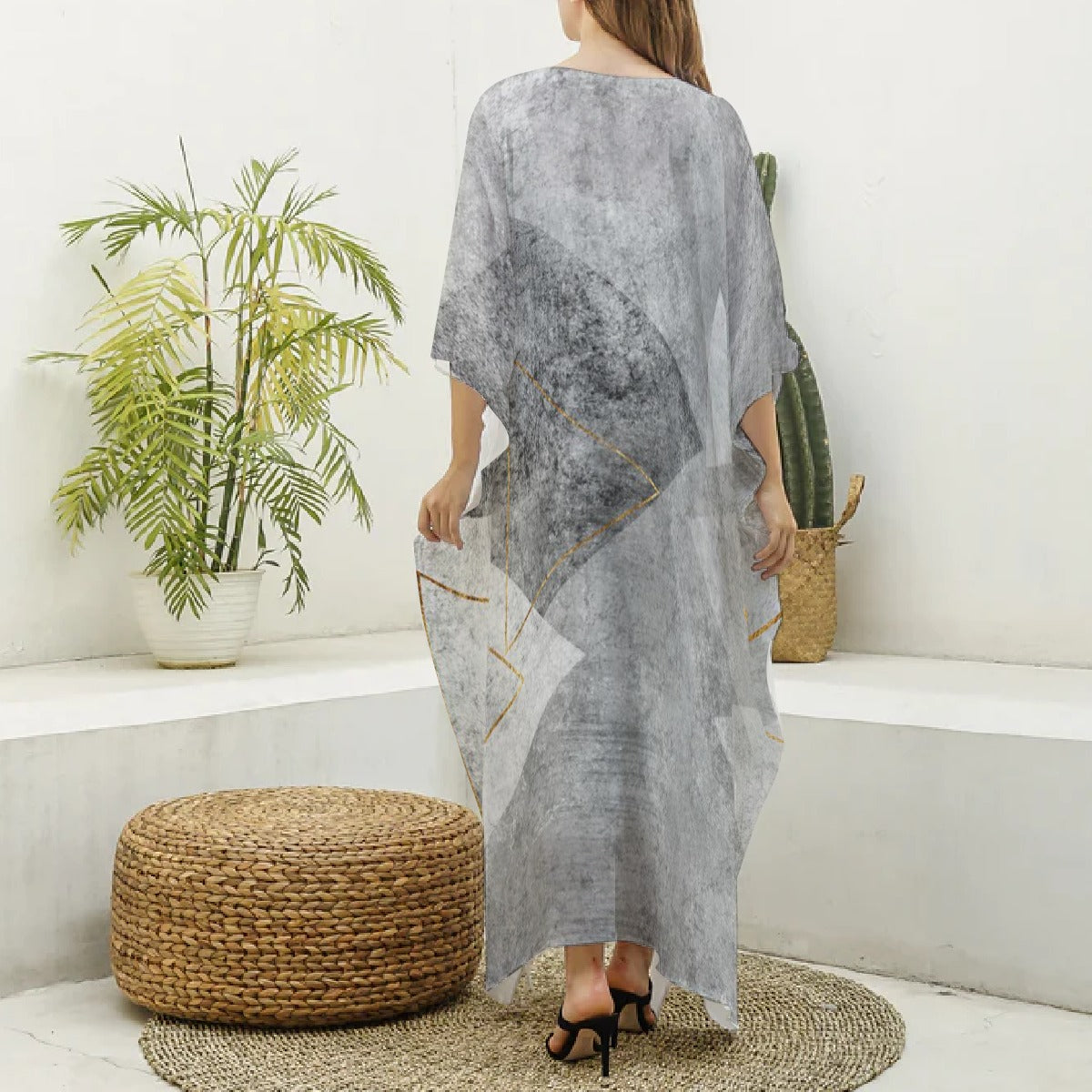 All-Over Print Women's Imitation Silk V-neck Kaftan Robe